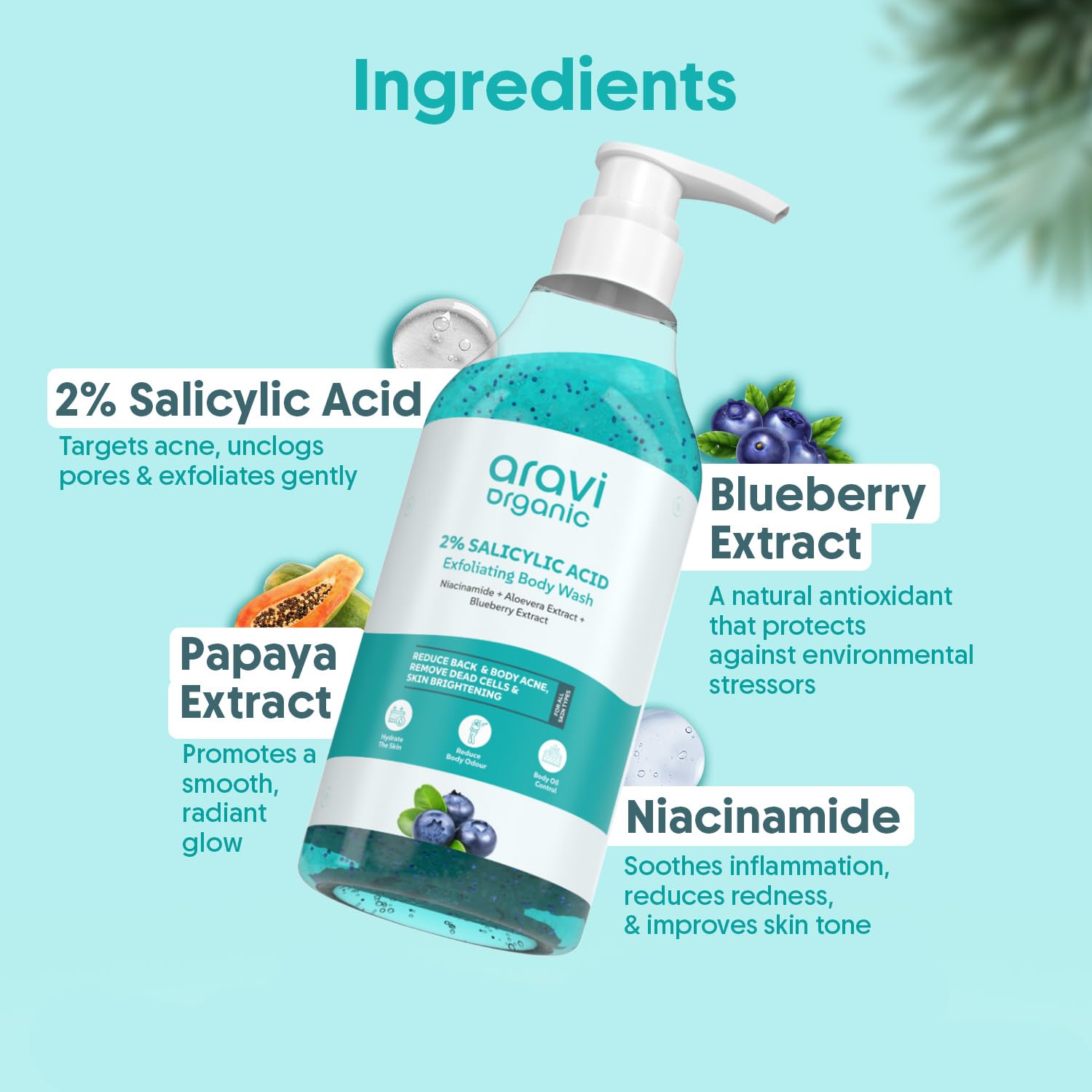 Aravi Organic 2% Salicylic Acid Exfoliating Body Wash with Niacinamide & Blueberry - Prevents Body Acne, Dead Cells, Deep Cleanses & Odor Defense - All Skin Types - SLS & Paraben Free - 300 ml